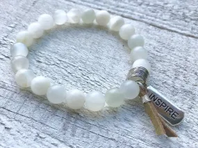 Moonstone Bracelet - Beaded Bracelet - Stretch Bracelet - Matte Moonstone - Decorative Tassel - Moonstone Jewelry - Inspire- Women's Jewelry