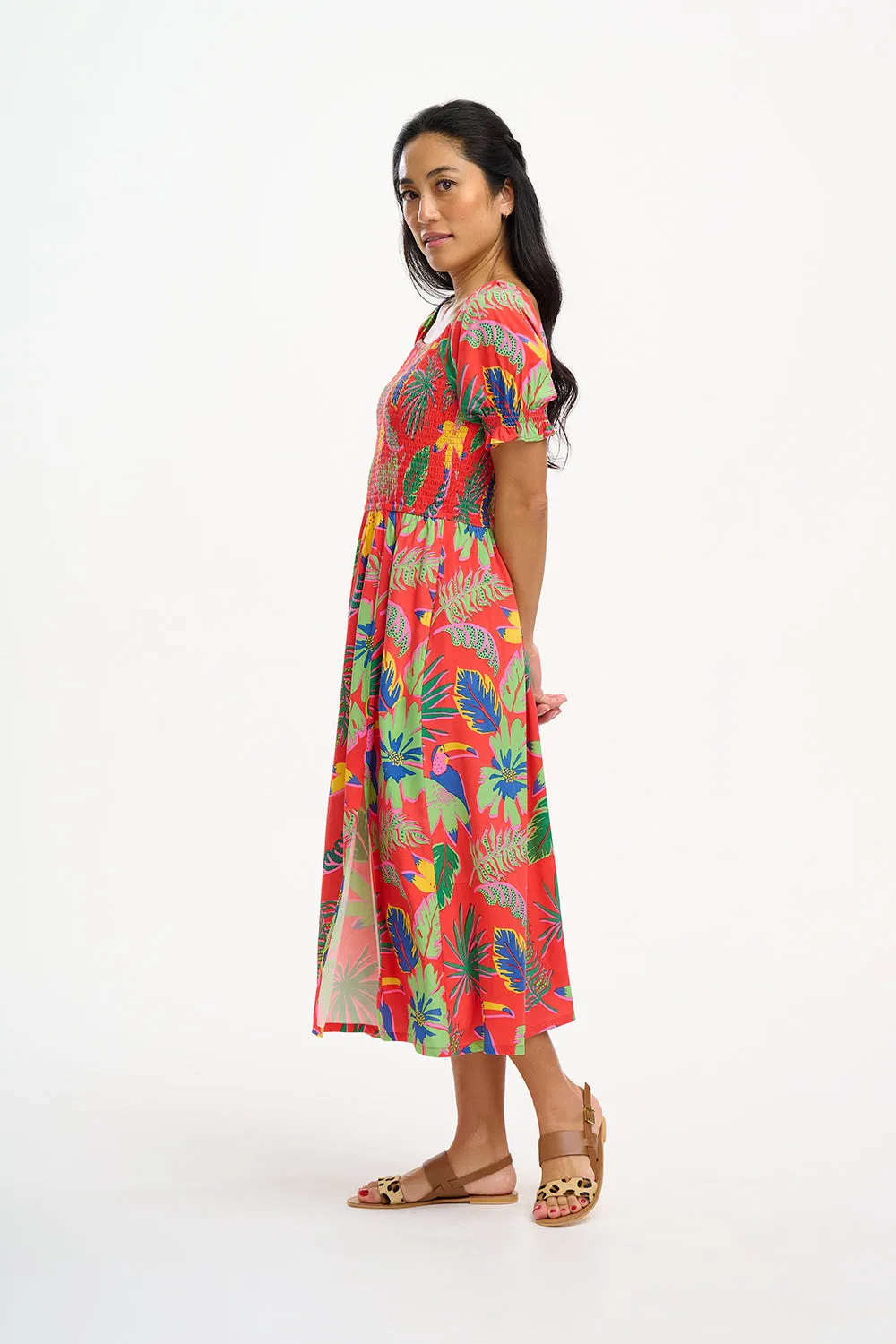 Nicole Shirred Midi Dress - Red, Tropical Toucans