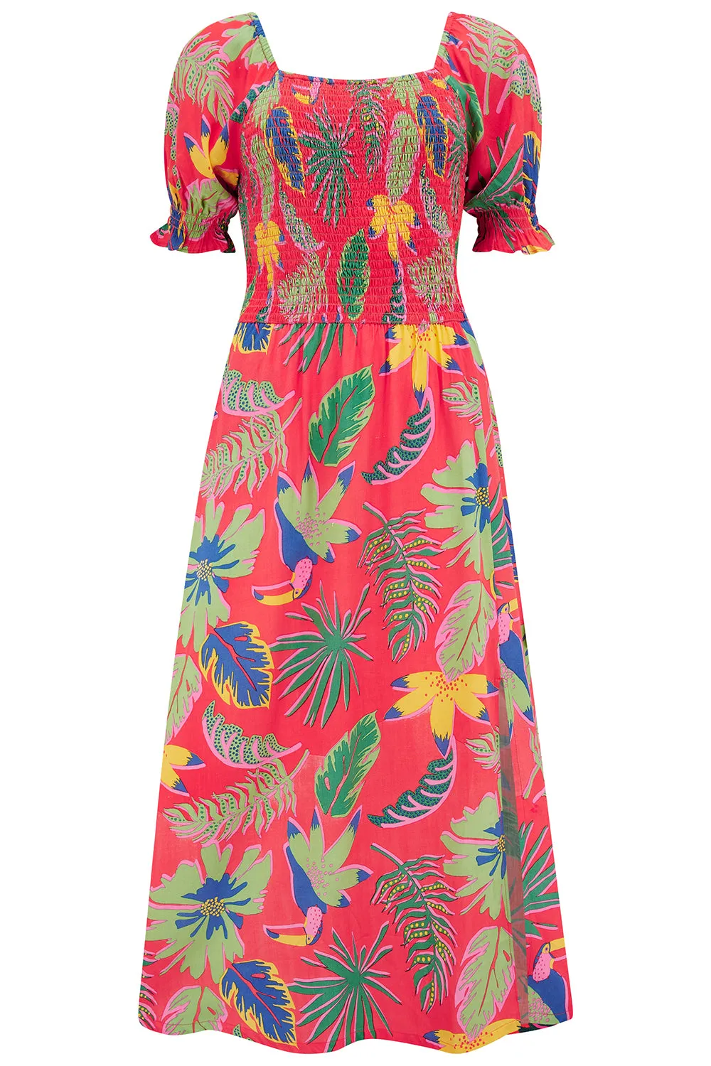 Nicole Shirred Midi Dress - Red, Tropical Toucans