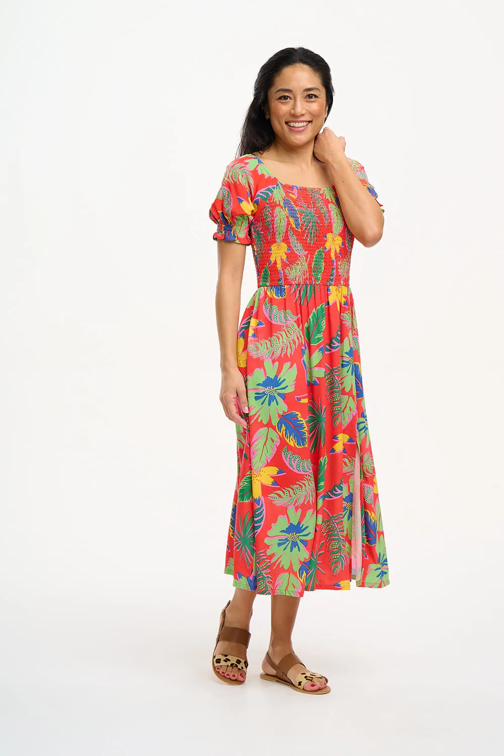 Nicole Shirred Midi Dress - Red, Tropical Toucans