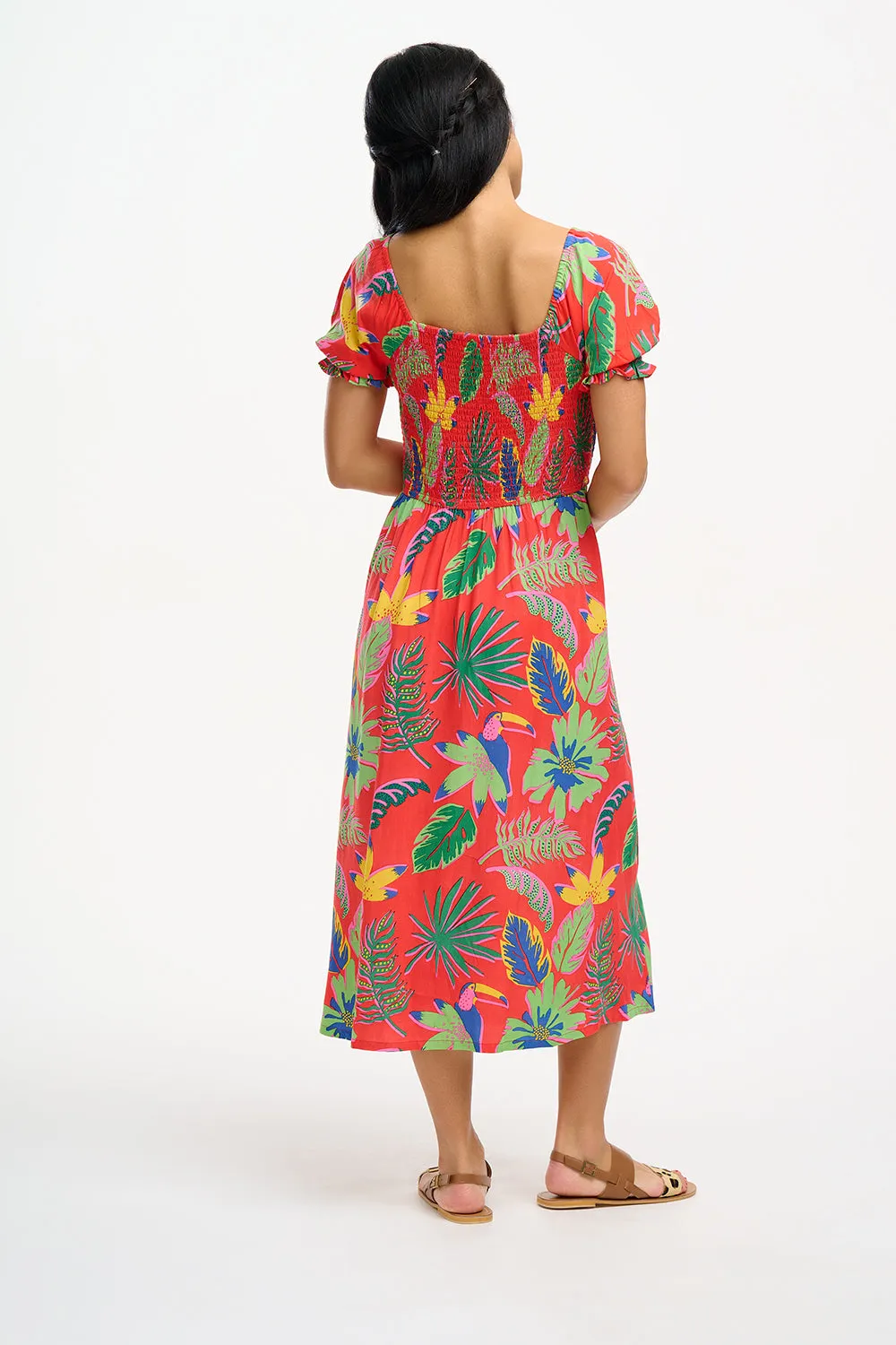 Nicole Shirred Midi Dress - Red, Tropical Toucans