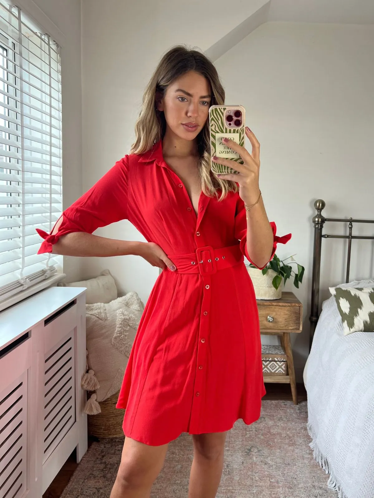 Olivia Mini Belted Shirt Dress / Red