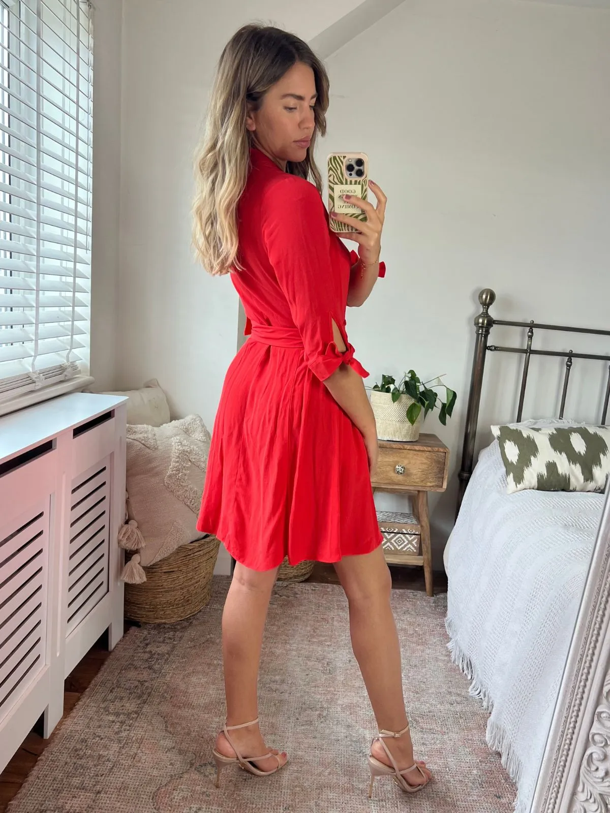 Olivia Mini Belted Shirt Dress / Red