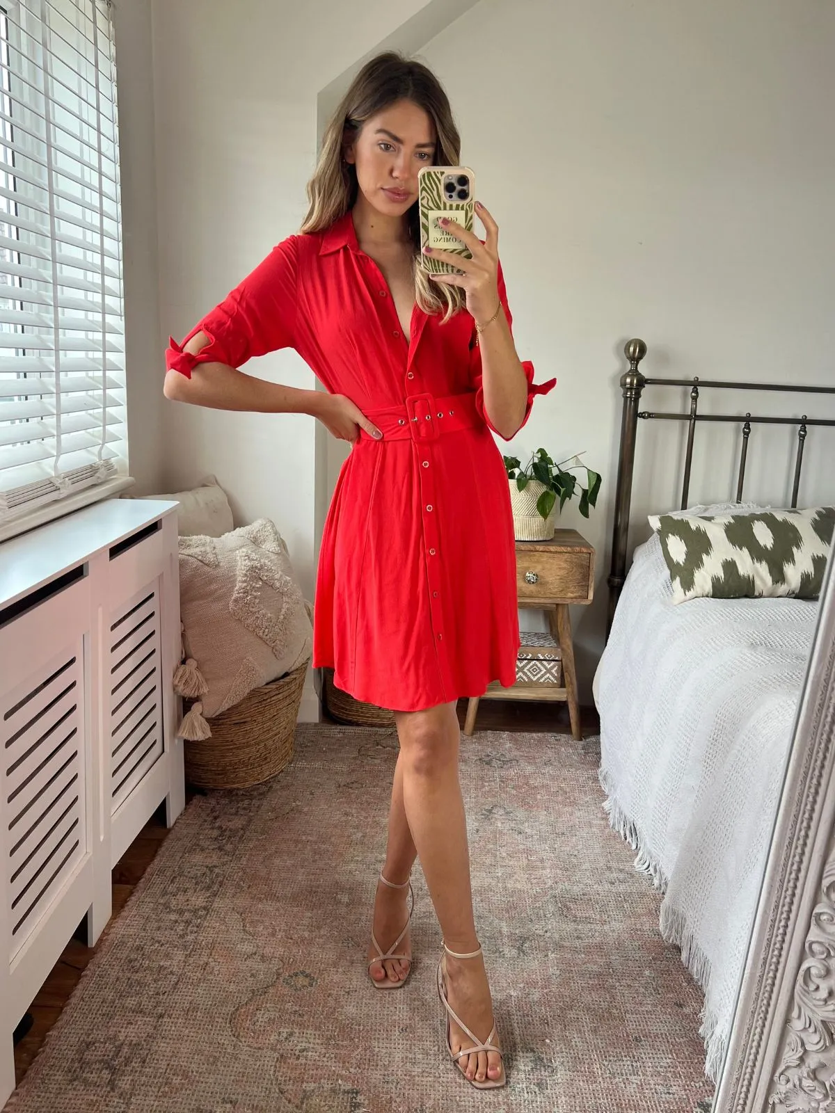 Olivia Mini Belted Shirt Dress / Red