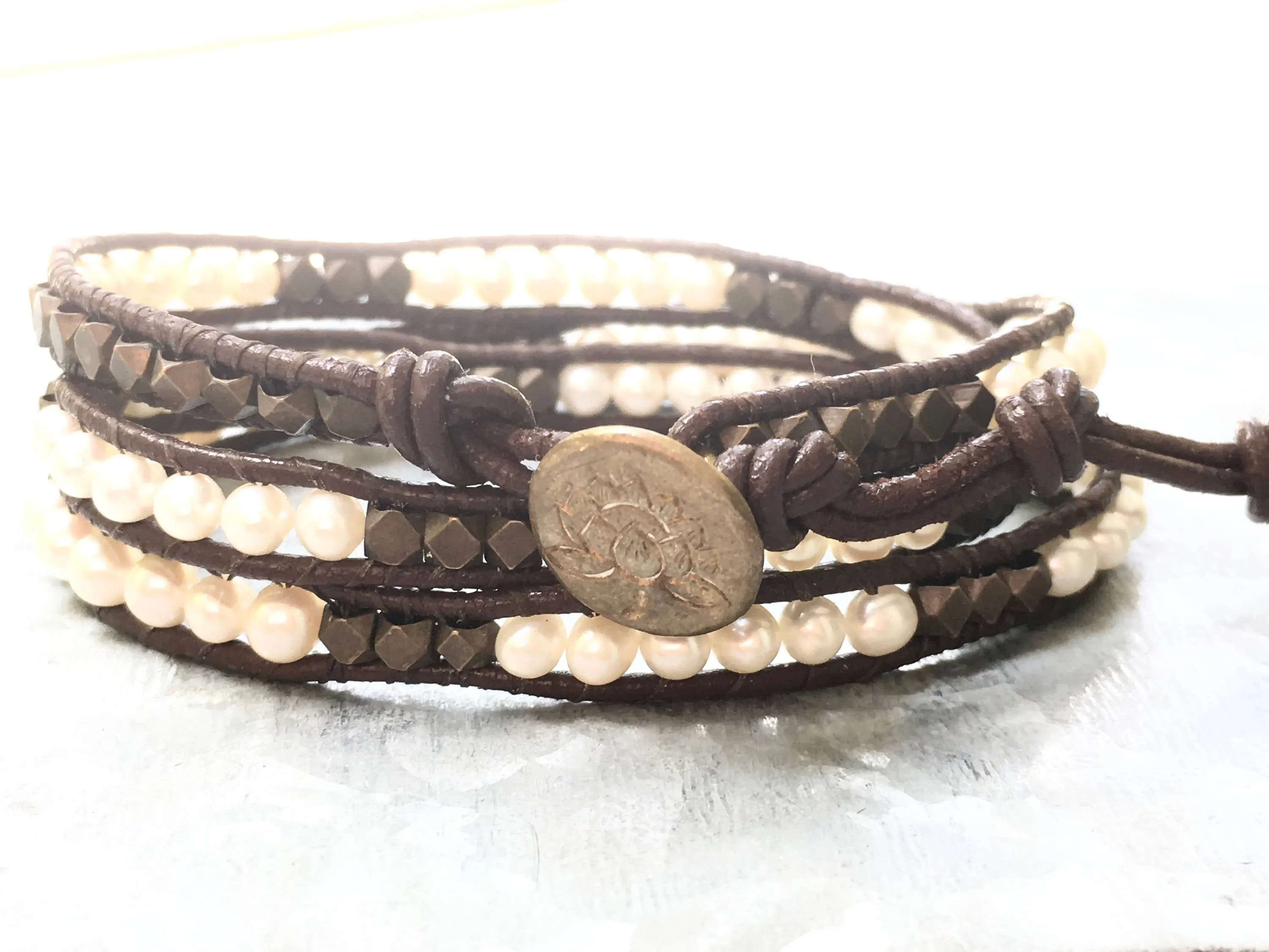 Pearl Bracelet - Pearl Wrap Bracelet - Pearl Jewelry - Triple Leather Wrap - Girlfriend's Gift - Women's  Jewelry - June's Birthstone