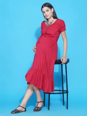 Red Asymmetric Viscose Rayon Maternity & Nursing Dress