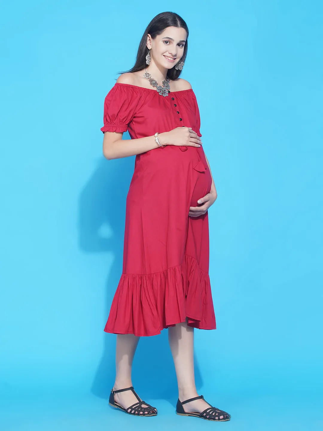 Red Asymmetric Viscose Rayon Maternity & Nursing Dress