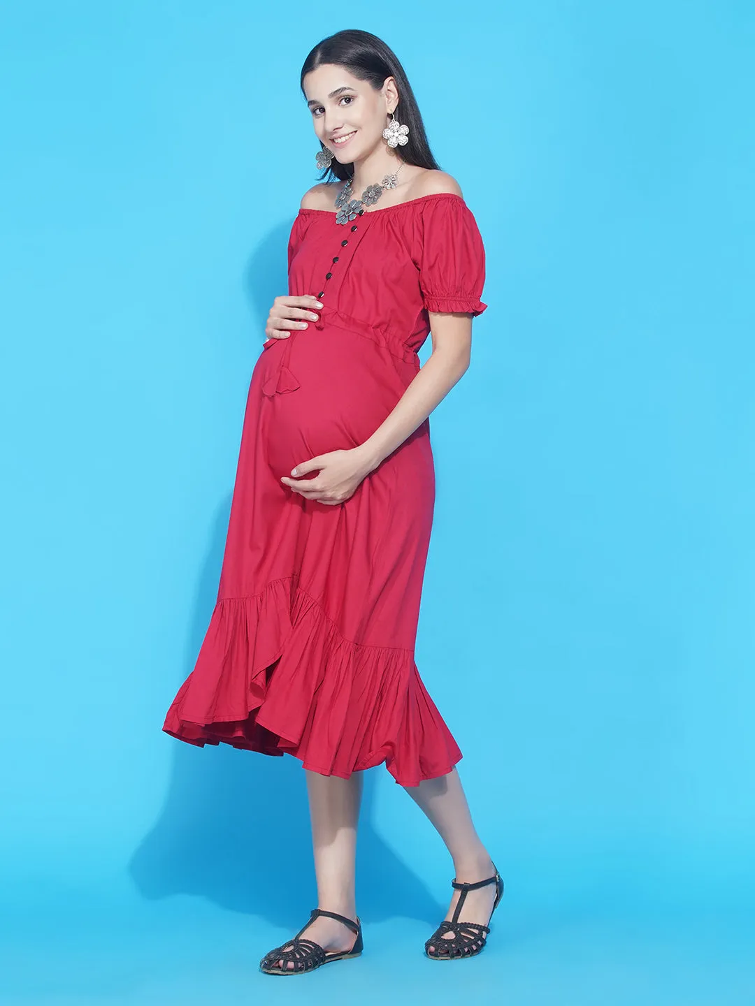 Red Asymmetric Viscose Rayon Maternity & Nursing Dress