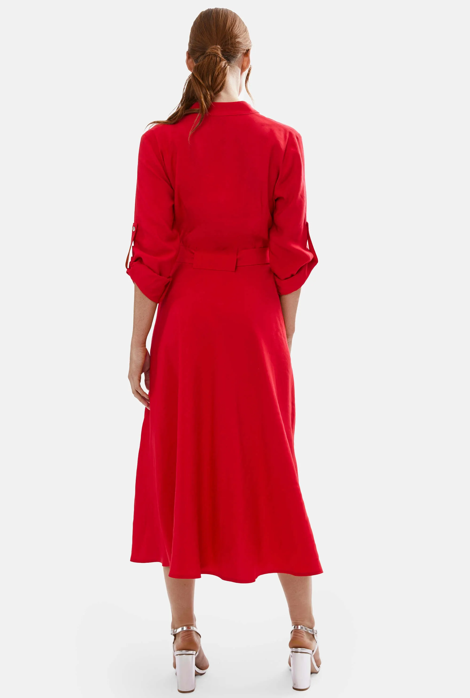 Roll Sleeve Midi Dress Red