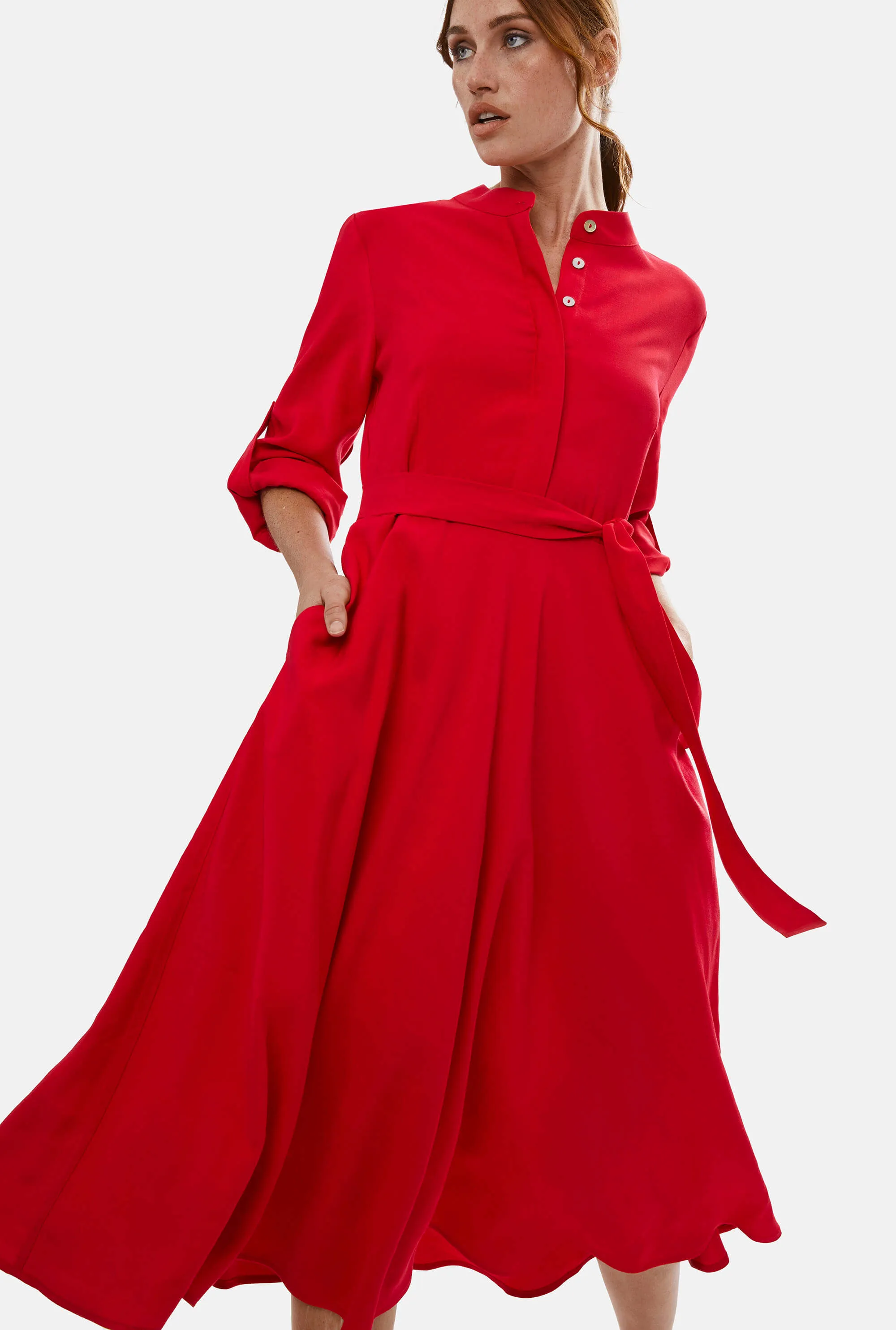 Roll Sleeve Midi Dress Red