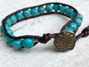 Turquoise Bracelet - Turquoise Jewelry - Blue Bracelet - Turquoise Wrap  - Brass Button - Women's Jewelry - Men's Jewelry -