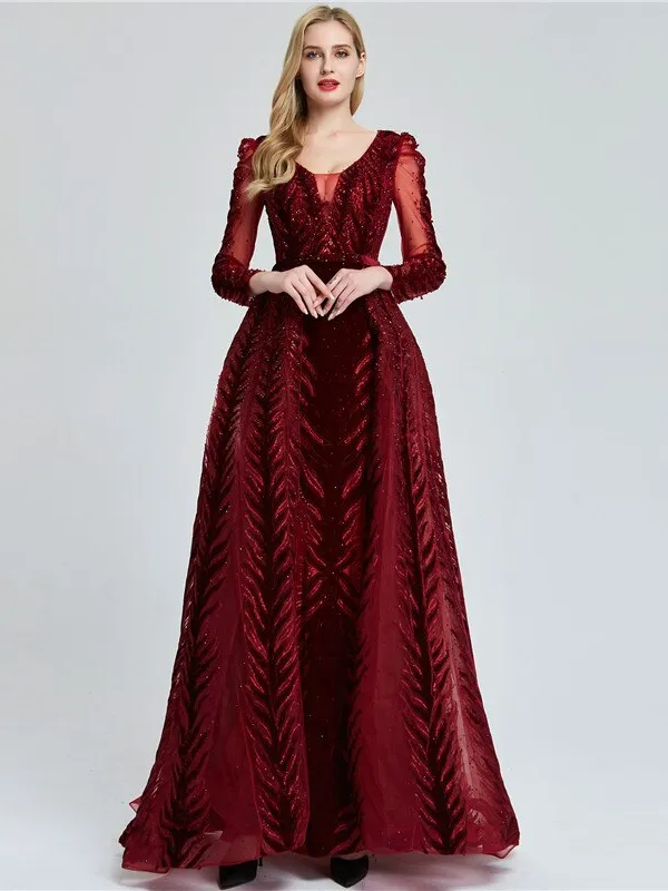 Vintage Burgundy Prom Dress Long Sleeve Sequins Prom Dress ER2054