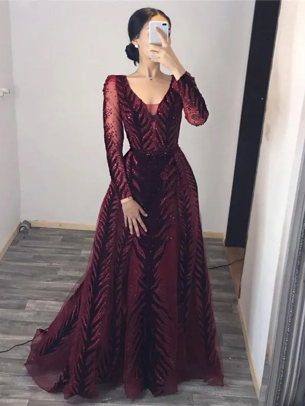 Vintage Burgundy Prom Dress Long Sleeve Sequins Prom Dress ER2054