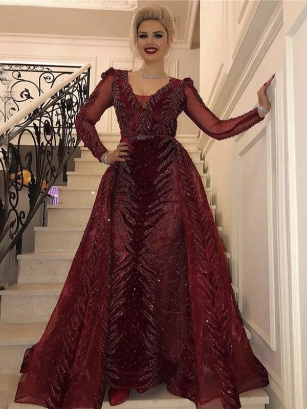 Vintage Burgundy Prom Dress Long Sleeve Sequins Prom Dress ER2054